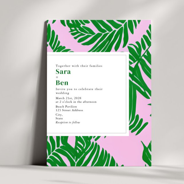 Invitation Mariage de plage moderne rose + vert Palm Tree (Créateur téléchargé)