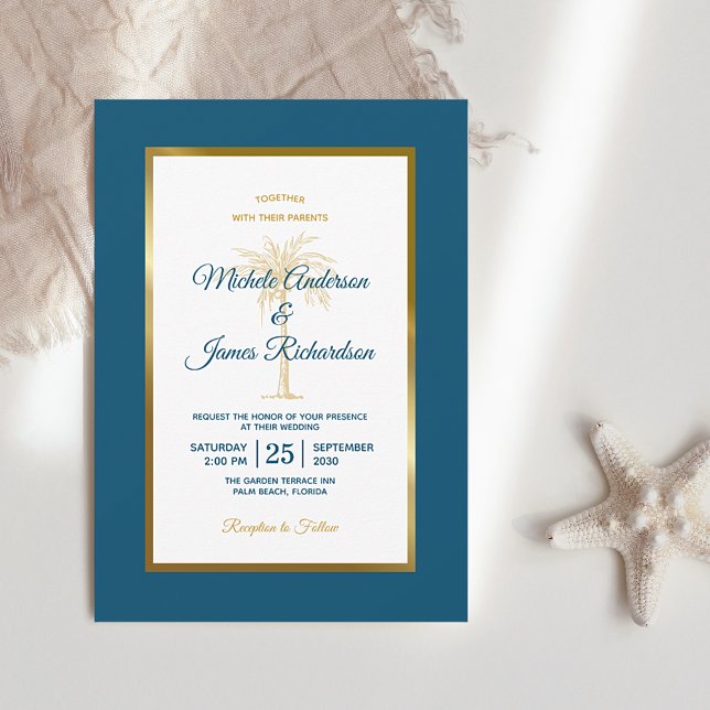 Invitation Mariage de plage moderne Tropical Blue Gold Palm T (Créateur téléchargé)