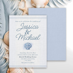 Invitation Mariage de plage nautique coquillage bleu blanc
