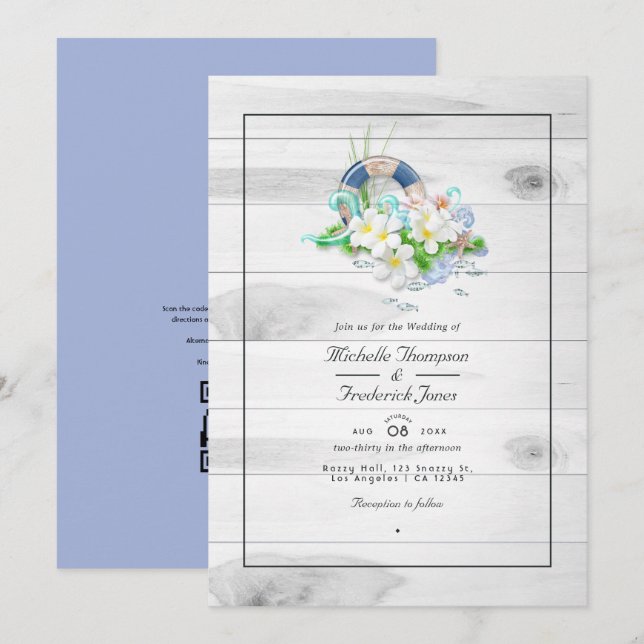 Invitation Mariage de plage QR Code RSVP Eté Rustique (Devant / Derrière)