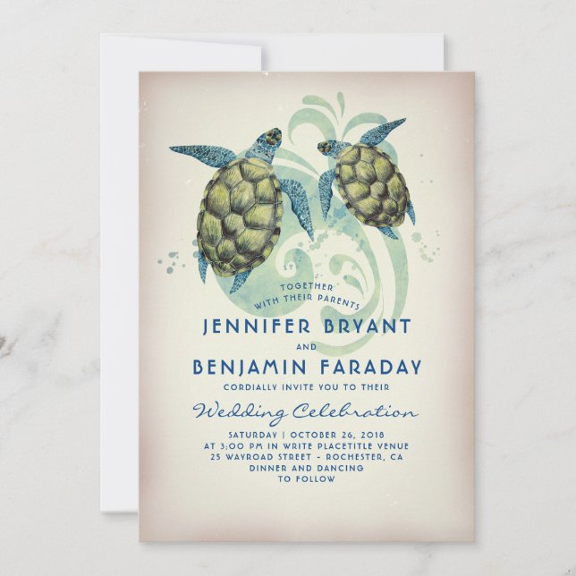Invitation Mariage de plage tropicale de tortue de mer (Devant)