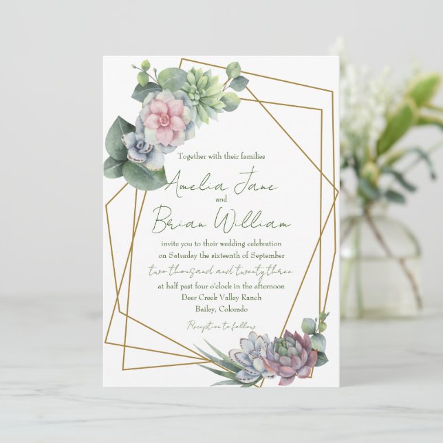 Invitation Mariage de Plante géométrique Succulent aquarelle (Debout devant)