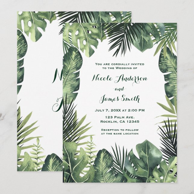 Invitation Mariage de plantes tropicales botaniques aux feuil (Devant / Derrière)