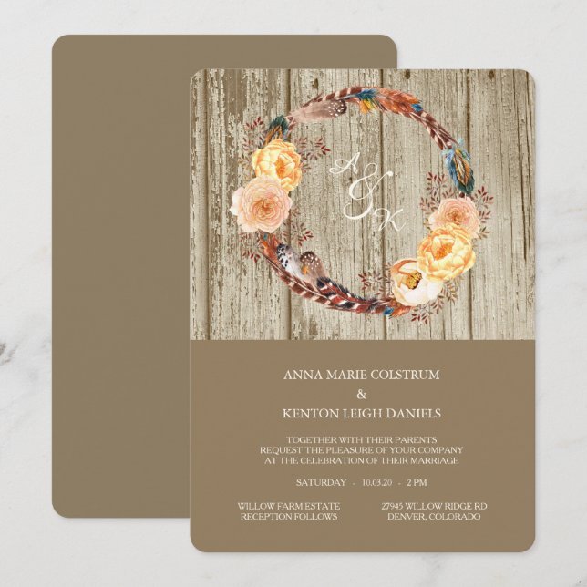 Invitation Mariage de plume de plume de bois rustique (Devant / Derrière)