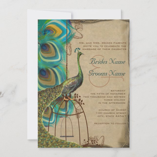 Invitation Mariage de plume musicale Peacock Bird Cage (Devant)
