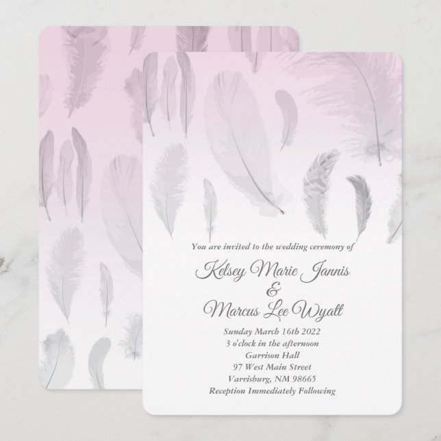 Invitation Mariage de plume rose gris (Devant / Derrière)