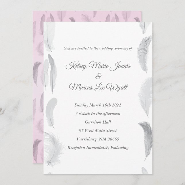 Invitation Mariage de plume rose gris (Devant / Derrière)