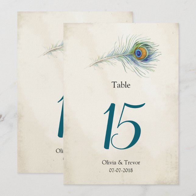Invitation Mariage de plumes de paon de Bohême Numéros de tab (Devant / Derrière)