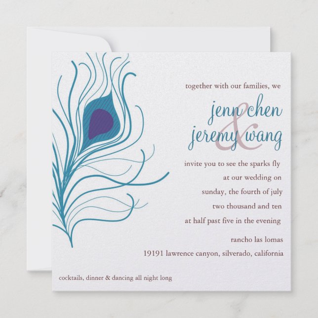 Invitation Mariage de plumes de Peacock et turquoise (Devant)