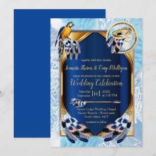 Invitation Mariage de plumes de ton bleu exotique-perroquet