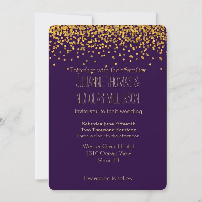 Invitation Mariage de points Confetti Gold et Purple (Devant)