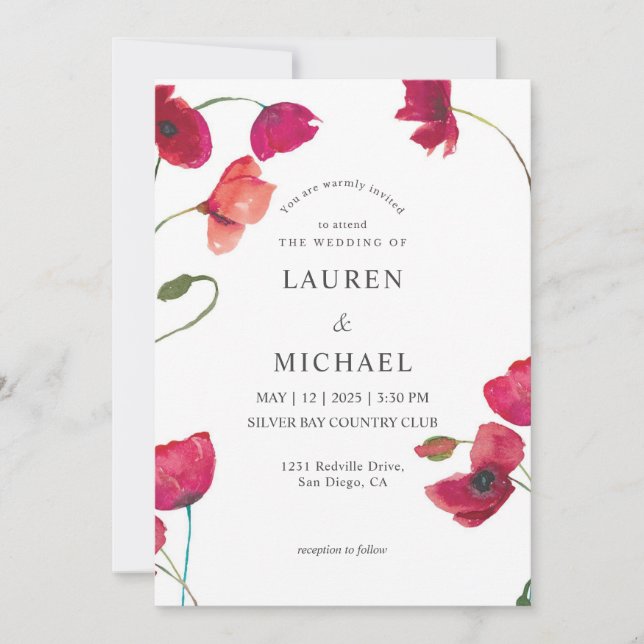 Invitation Mariage de poppies Rose rose blanc personnalisé (Devant)