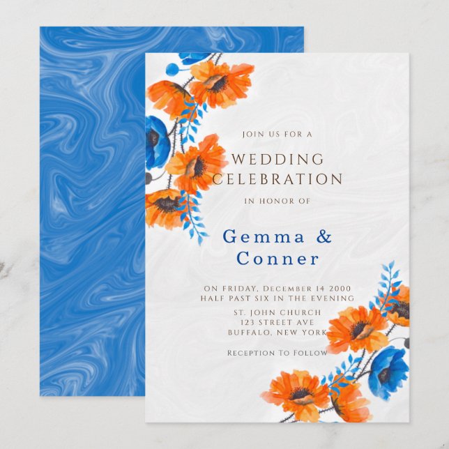 Invitation Mariage de Poppy bleu et orange (Devant / Derrière)