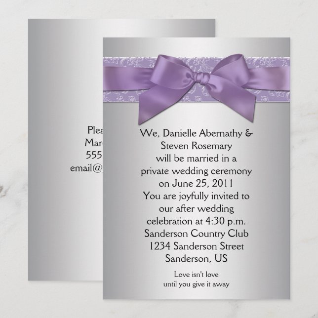 Invitation Mariage de post-ruban Lavender Purple Silver Broca (Devant / Derrière)
