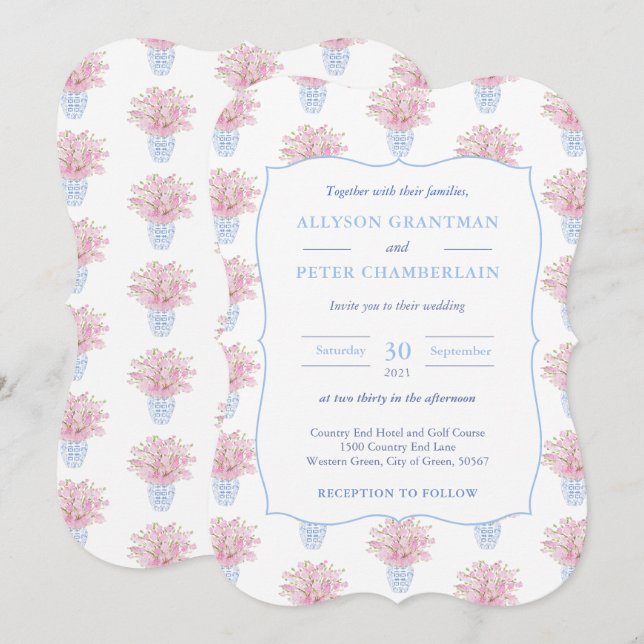 Invitation Mariage de poterie chinois bleu blanc et rose (Devant / Derrière)