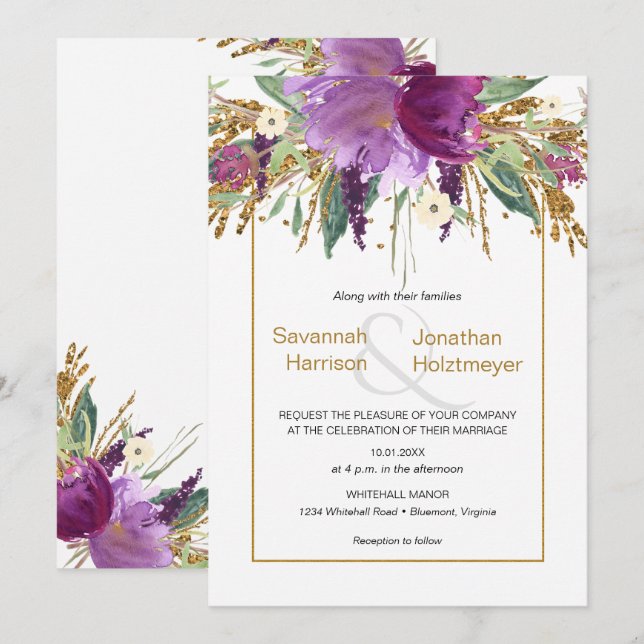 Invitation Mariage de printemps à paillettes dorées et floral (Devant / Derrière)