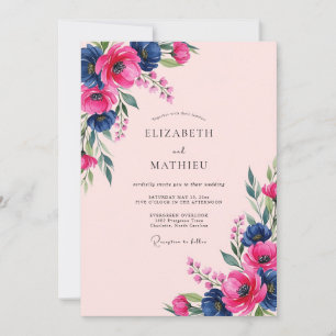 Invitation Mariage de printemps Anémone Navy Rose aquarelle