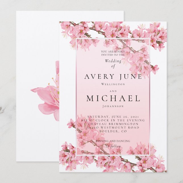 Invitation Mariage de printemps aux fleurs roses de cerisier (Devant / Derrière)
