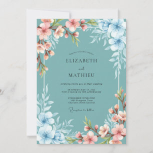Invitation Mariage de printemps aux fleurs sereines sarcelle