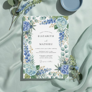 Invitation Mariage de printemps bleu botanique poussiéreux