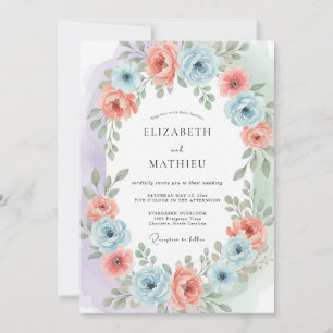 Invitation Mariage de printemps bleu saumon éthéré