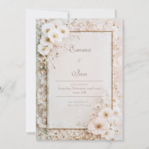 Invitation Mariage de printemps cadre or fleur blanche romant