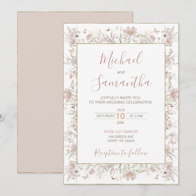 Invitation Mariage de printemps de Fleur sauvage Blush et Sag (Devant / Derrière)