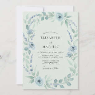 Invitation Mariage de printemps fleuri bleu poussiéreux