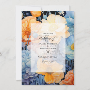 Invitation Mariage de printemps floral bleu et orange pâle