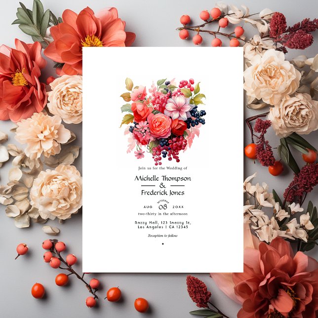 Invitation Mariage de printemps floral corail et berry (Créateur téléchargé)