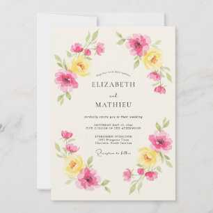Invitation Mariage de printemps floral rose jaune