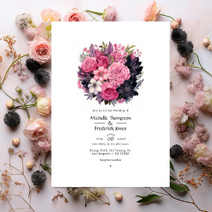 Invitation Mariage de printemps floral rose tendre et noir