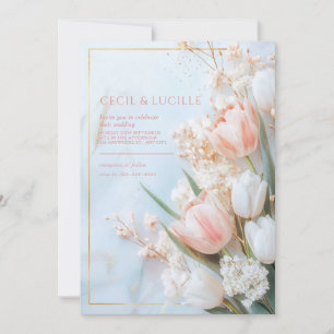 Invitation Mariage de printemps Tulipe Rose Foncé Marbre Doré
