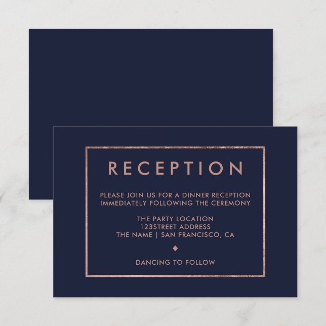 Invitation mariage de réception bleu marine rose (Devant / Derrière)