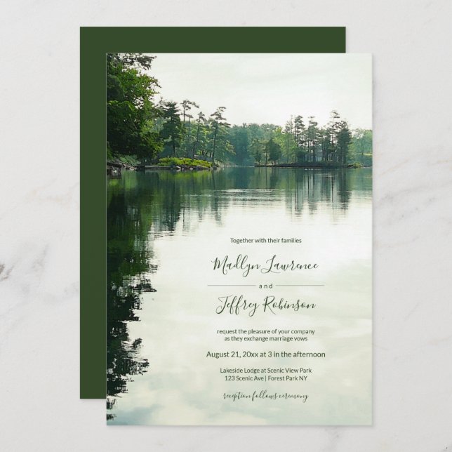 Invitation Mariage de reflet evergreens au bord du lac rustiq (Devant / Derrière)