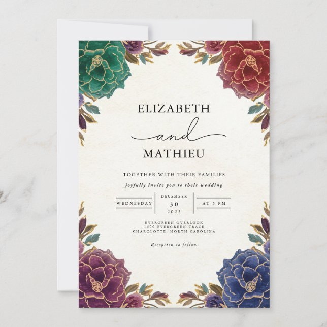 Invitation Mariage de romance florale Turquoise profonde (Devant)