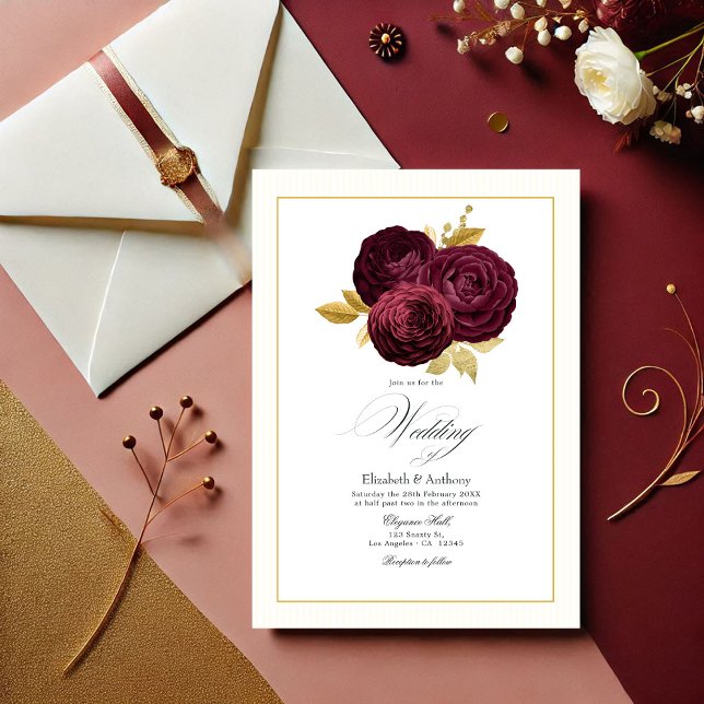 Invitation Mariage de Rose de Bourgogne et d'or (Burgundy and Gold Rose Wedding Invitation)
