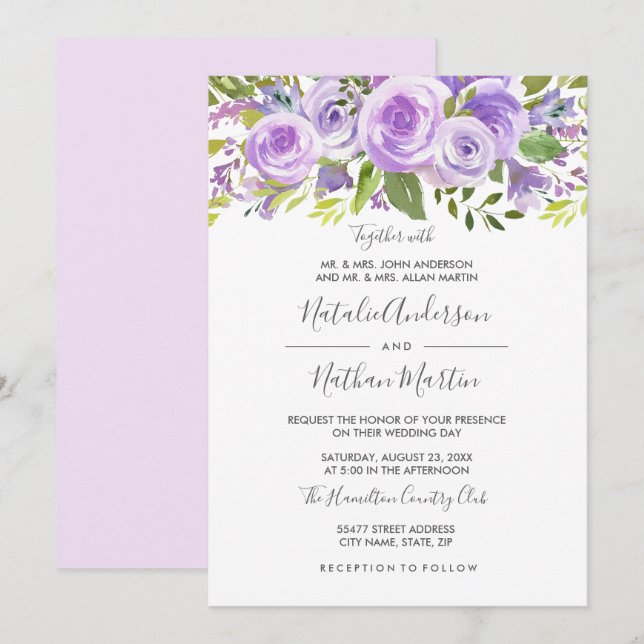 Invitation Mariage de Rose floral de lavande violette (Devant / Derrière)