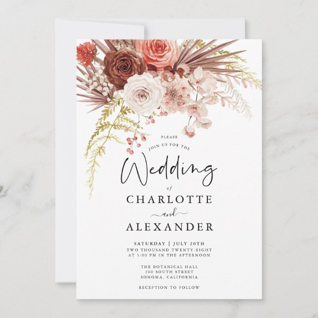 Invitation Mariage de rot Orange Terracotta Floral Palmetto (Devant)