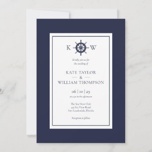 Invitation Mariage de roue de navire nautique Monogramme bleu