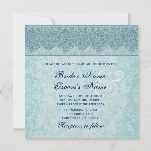 Invitation Mariage de ruban Aqua Blue Damask (Devant)