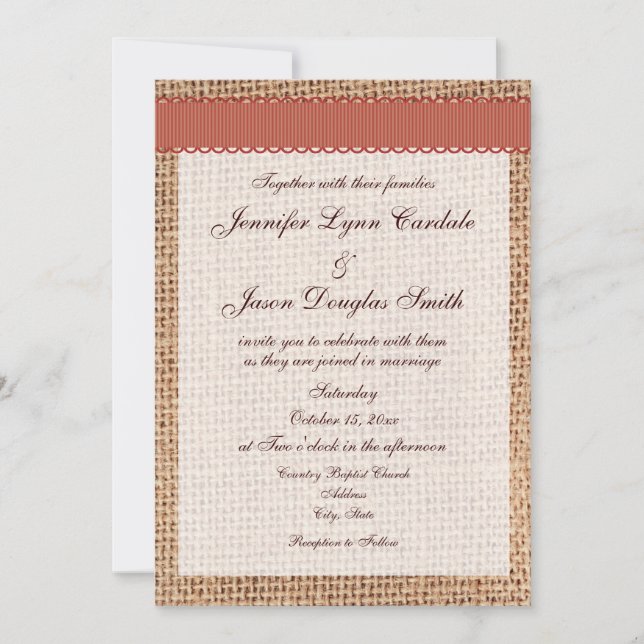 Invitation Mariage de ruban orange brulé à impression rustiqu (Devant)