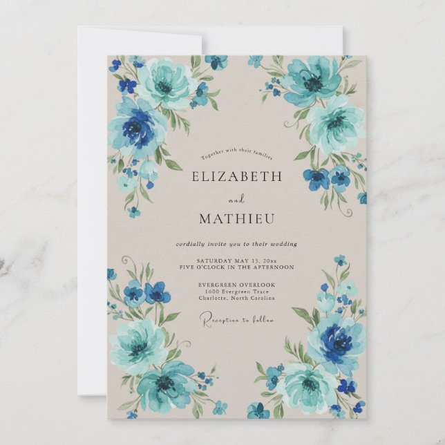 Invitation Mariage de Sable Feuillu Cyan (Devant)
