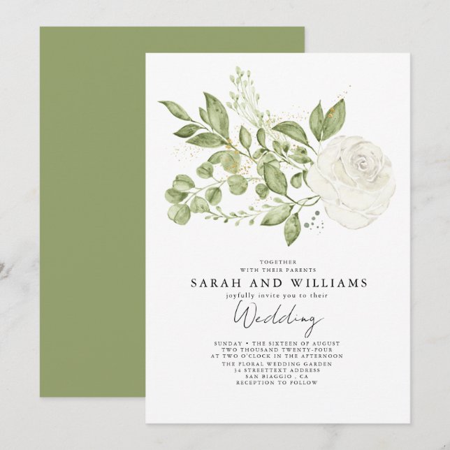 Invitation Mariage de saumons verts blancs floraux (Devant / Derrière)