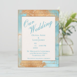Invitation Mariage de script Abstrait Gold Turquoise