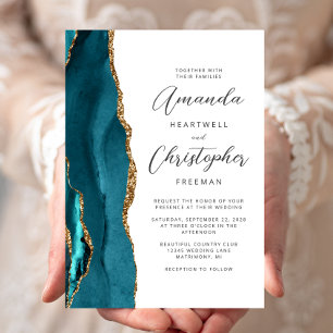 Invitation Mariage de script Agate Turquoise Blue Gold