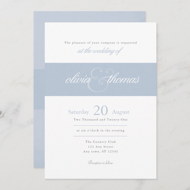 Invitation Mariage de script bleu Dusty simple et élégant (Devant / Derrière)