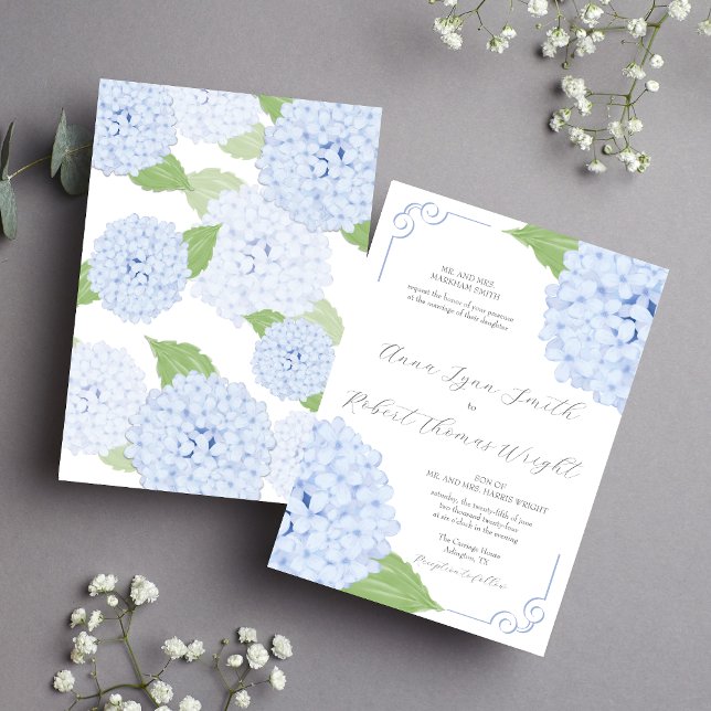 Invitation Mariage de script Blue Hydrangea Watercolor (Créateur téléchargé)