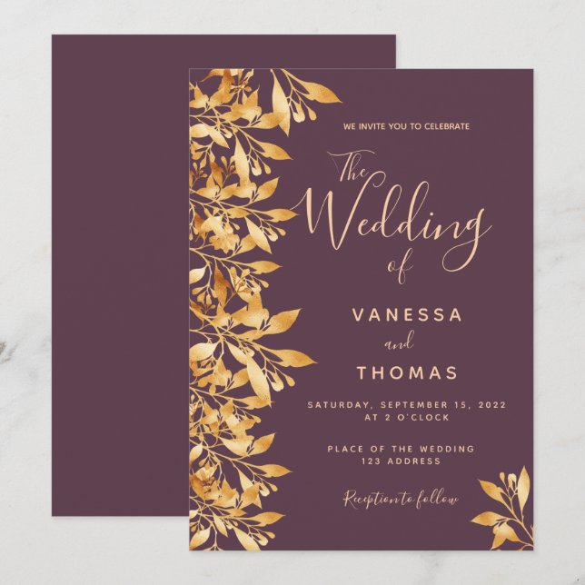 Invitation Mariage de script botanique en or du marron de Cas (Devant / Derrière)