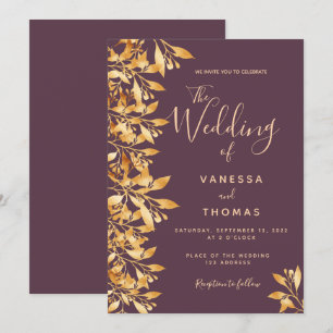 Invitation Mariage de script botanique en or du marron de Cas